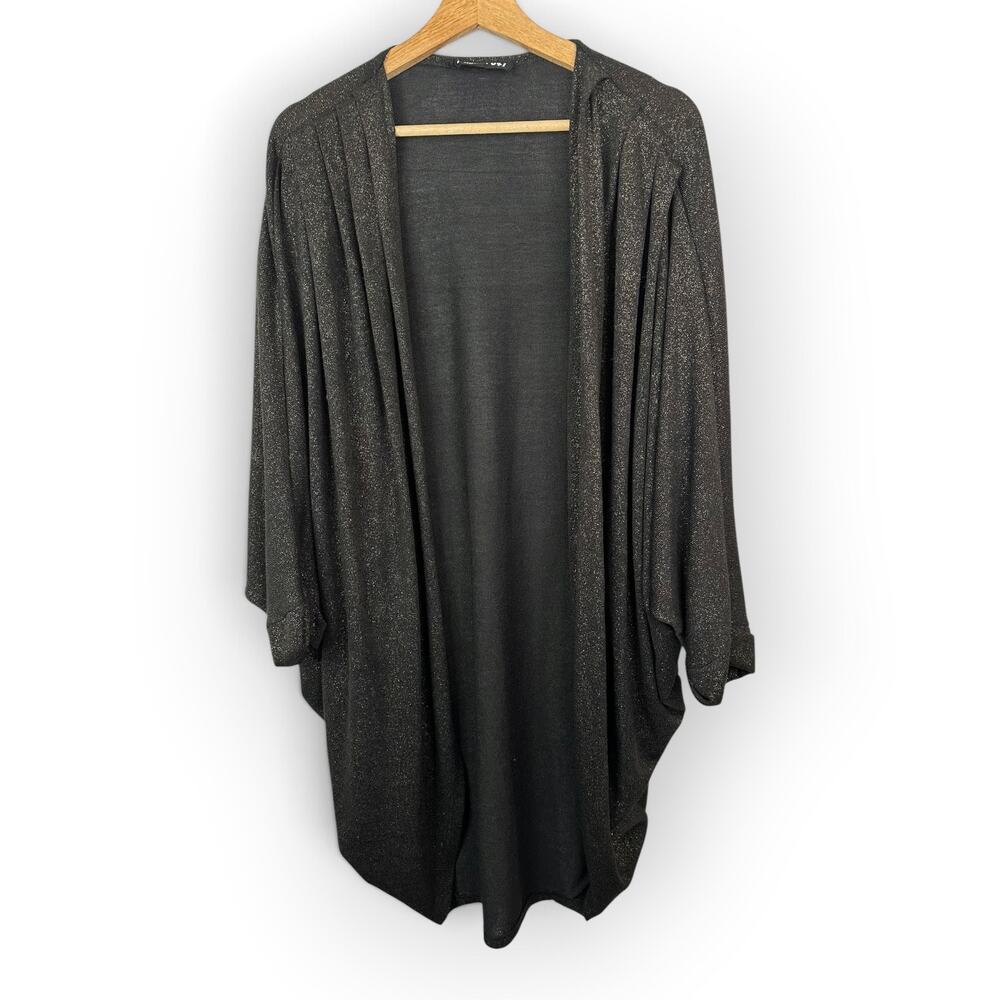 Audrey 3+1 Womens Black Gold Metallic Open Front Cocoon Cardigan Draped Glam M
